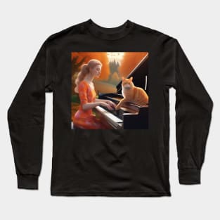 A Female Pianist With An Orange Cat Sitting On The Piano In The English Countryside With An Autumn Mist Long Sleeve T-Shirt